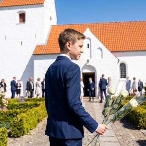 Konfirmand står med tre, enkeltindpakkede hvide roser i hånden foran en hvid kirke.