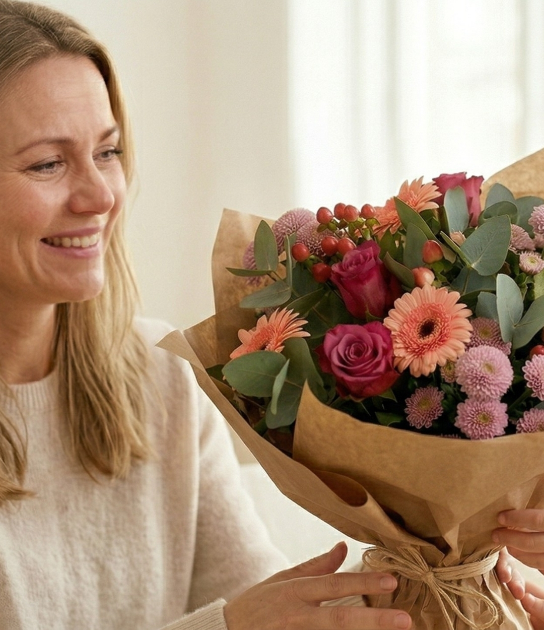 En kvinde modtager en smuk buket af et barn.