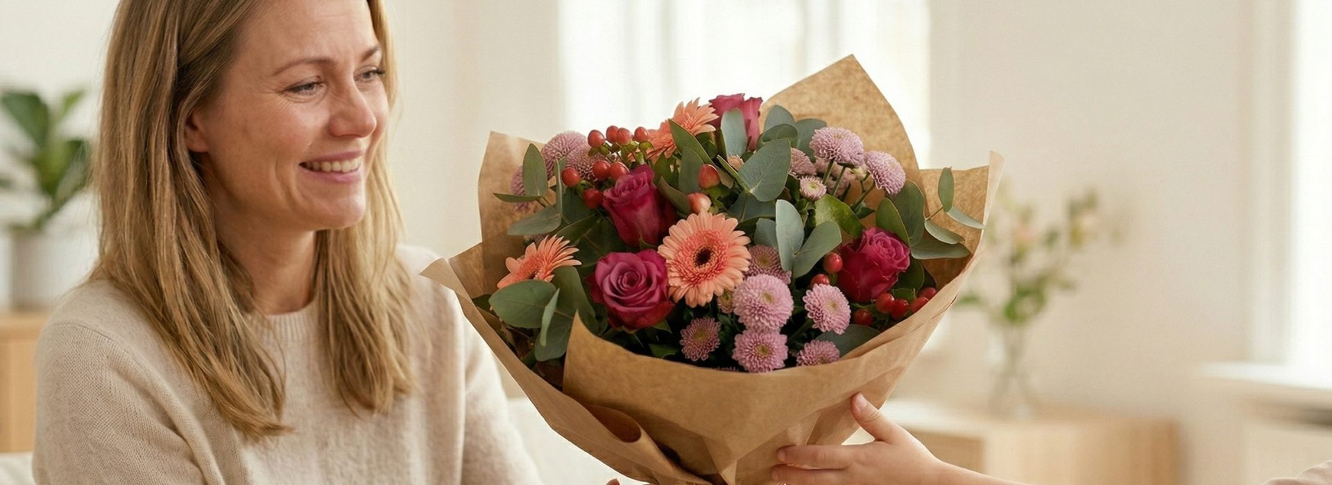 En kvinde modtager en smuk buket af et barn.