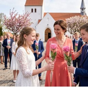 To lyserøde roser til konfirmation overrækkes foran kirken og alle gæsterne.
