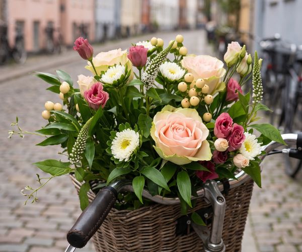 En buket i rosa, hvid og creme, står indpakket i en cykelkurv.