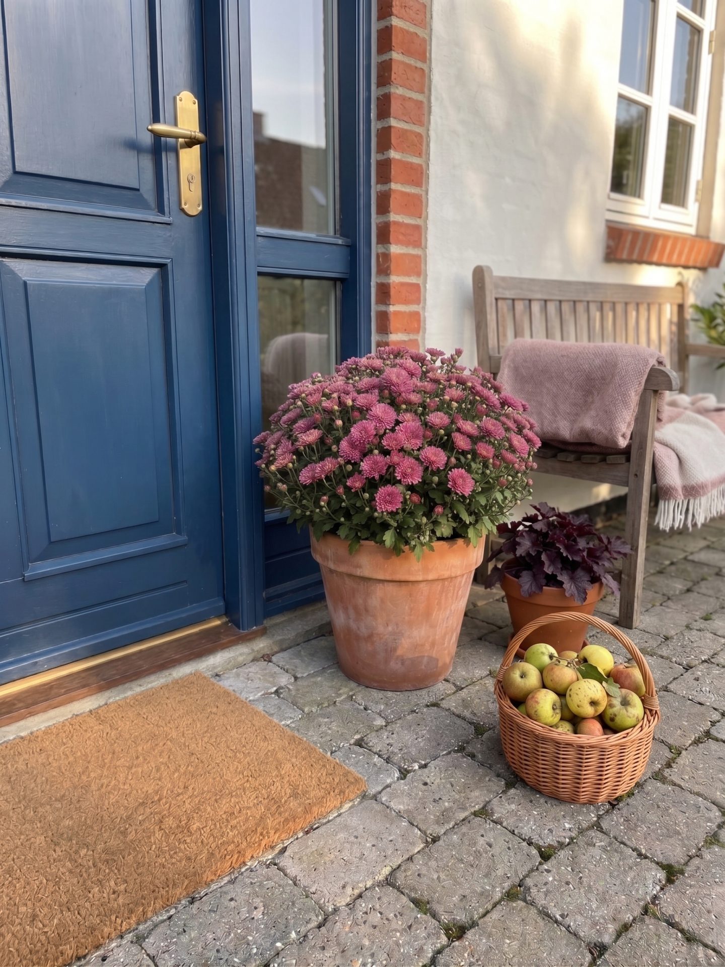 Chrysanthemum i krukke foran dør til et hus.