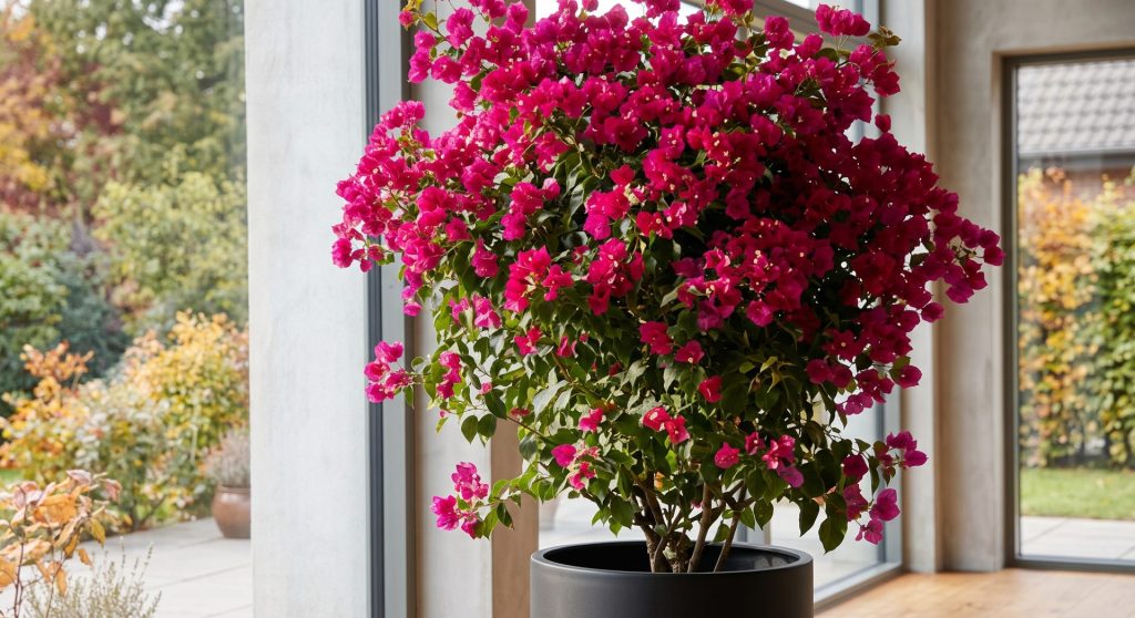 En stor bougainvillea i en krukke indendørs.