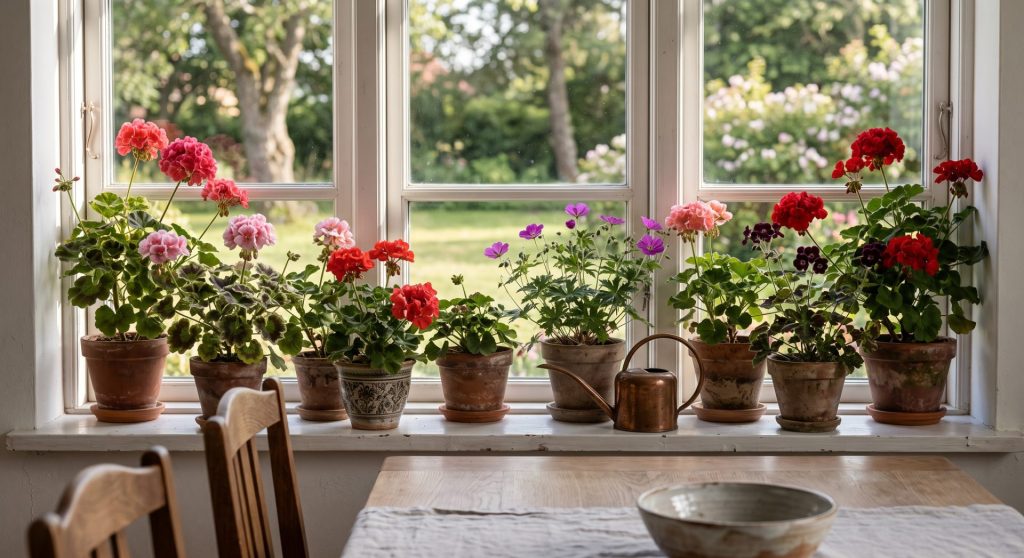 Forskellige stueplanter står i en vindueskarm.
