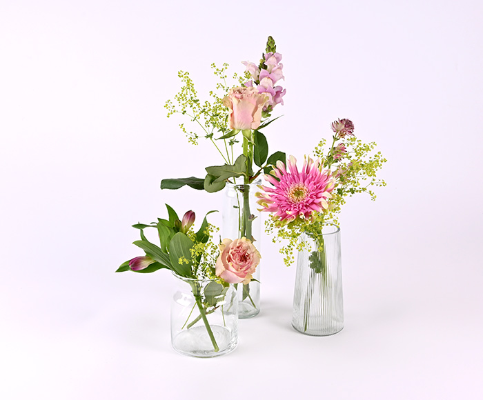 Løse blomsterstilke til 3 glasvaser, lyserøde